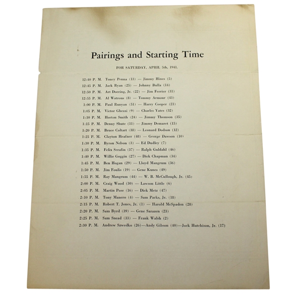 1941 Masters Saturday Pairing Sheet - April 5th - Craig Wood Winner