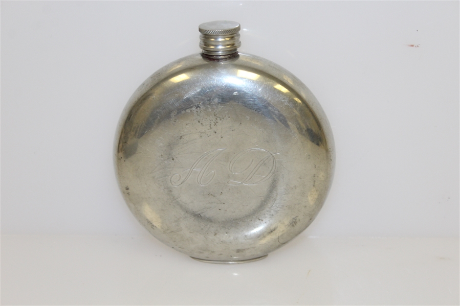 Sheffield Hand Crafted Classic Pewter Circular Flask with Golfer Post-Swing