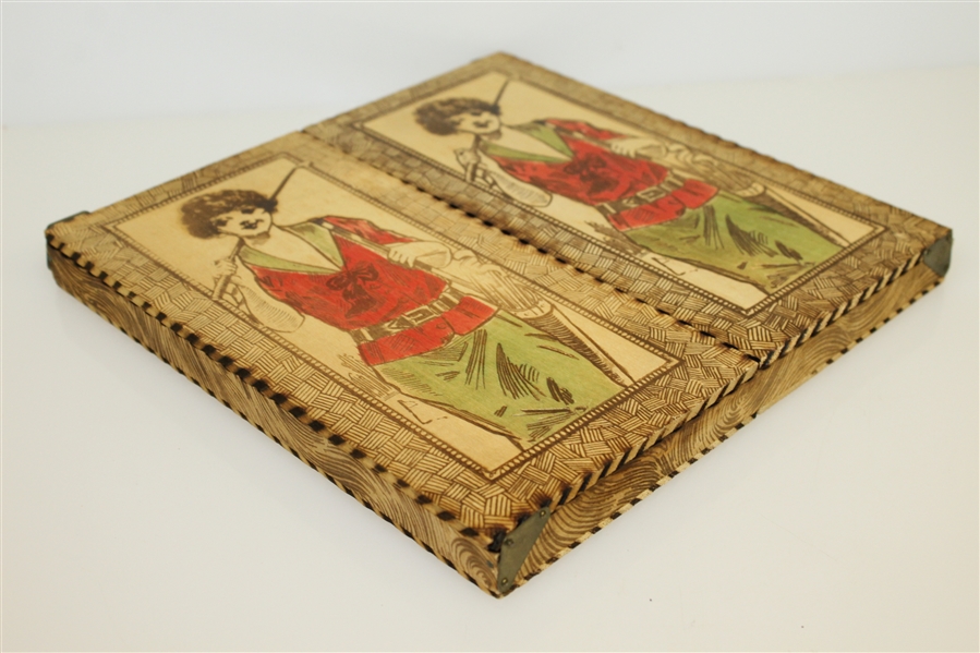 Circa 1930 Lady Golfer Themed Wood Handkerchief Box with Original Handkerchiefs