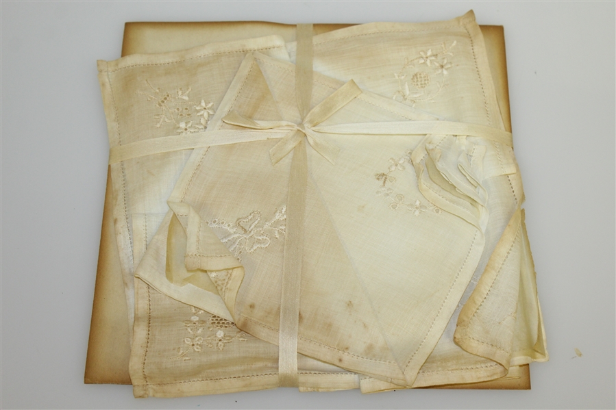 Circa 1930 Lady Golfer Themed Wood Handkerchief Box with Original Handkerchiefs