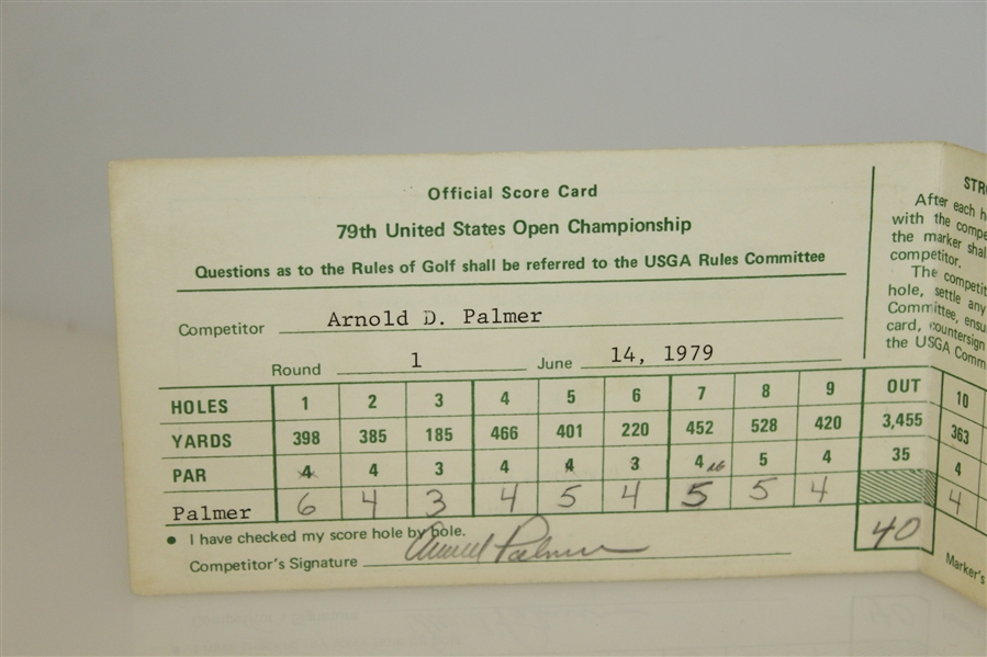 Arnold Palmer Signed Official 1979 US Open Used Scorecard with Al Geiberger Marker Signature JSA ALOA