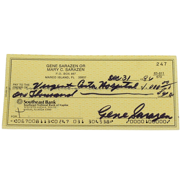 Gene Sarazen Signed Personal Check December 31, 1986 JSA ALOA