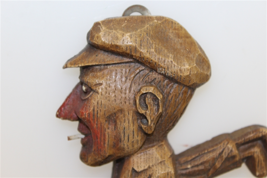 Unique Genuine Burwood Wood Carved Golfer with Golf Bag Wall Tie Holder