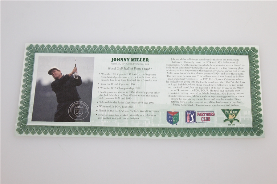 Johnny Miller One Troy Ounce Fine Silver PGA Tour HOF 1996 Commemorative Medal with Certificate - Scarce
