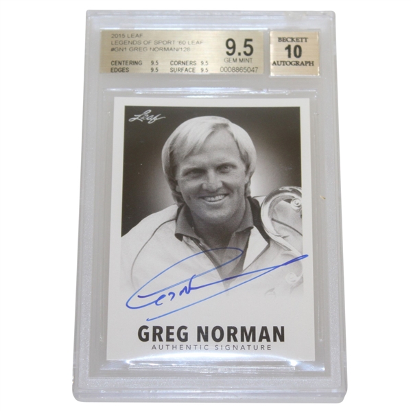Greg Norman Signed 2015 Leaf Legends of Sport Golf Card BECKETT GEM-MINT 9.5 #0008865047
