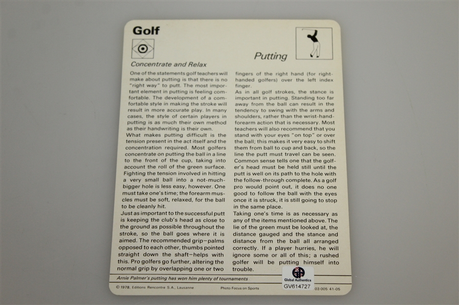 Arnold Palmer Signed 1978 Putting Photo Focus on Sports: Concentrate & Relax Card JSA ALOA