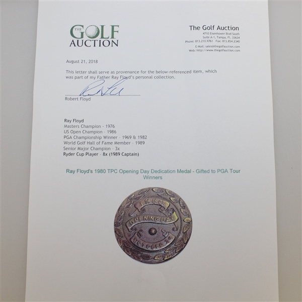 Ray Floyd's 1980 TPC Opening Day Dedication Medal - Gifted to PGA Tour Winners