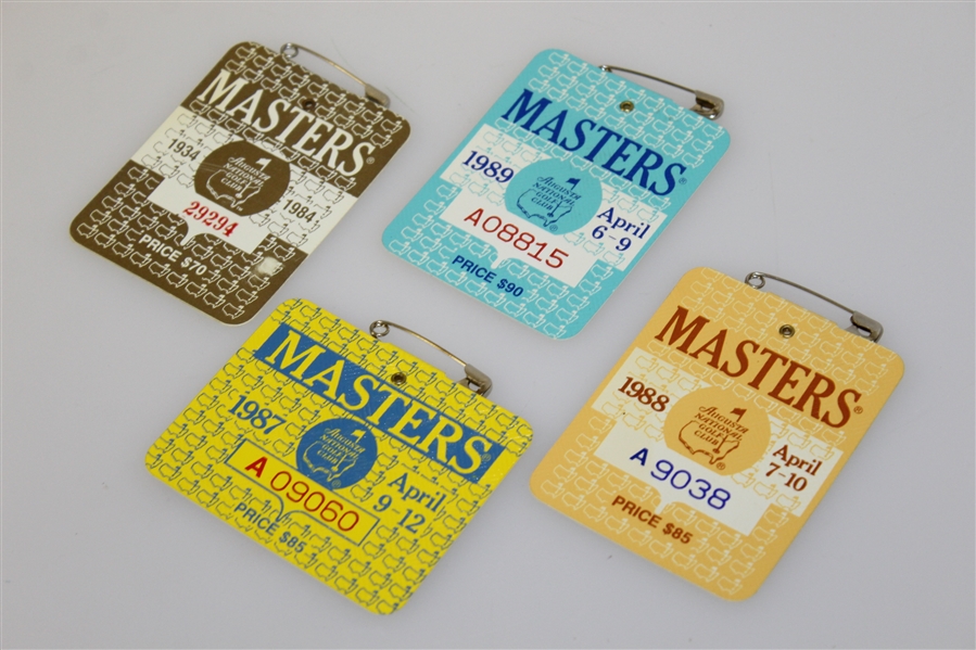 1984, 1987, 1988, & 1989 Masters Tournament Badges from Ray Floyd Collection