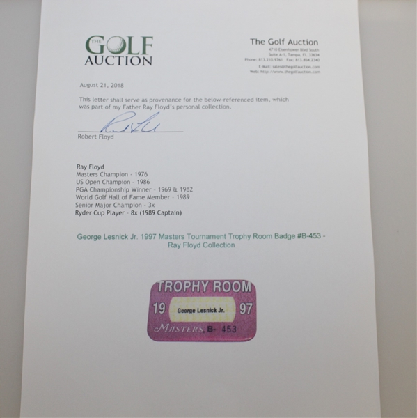 George Lesnick Jr. 1997 Masters Tournament Trophy Room Badge #B-453 - Ray Floyd Collection