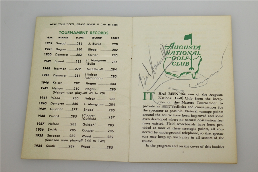 1953 Masters Tournament Spec Guide Signed by Demaret, Wood, Smith, & Nelson JSA ALOA