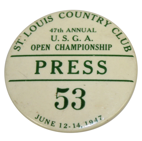 1947 US Open at St. Louis CC Press Badge #53 - Lew Worsham Winner