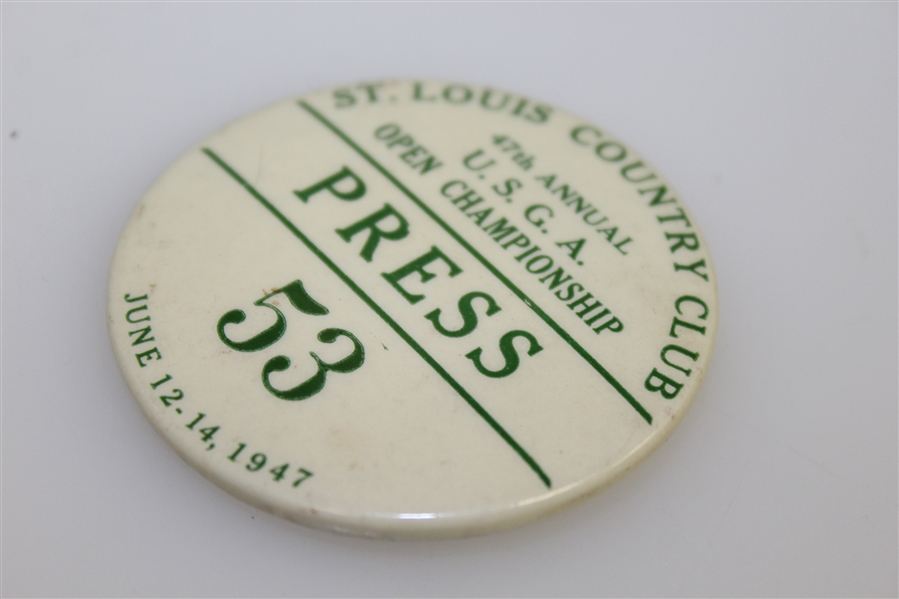1947 US Open at St. Louis CC Press Badge #53 - Lew Worsham Winner