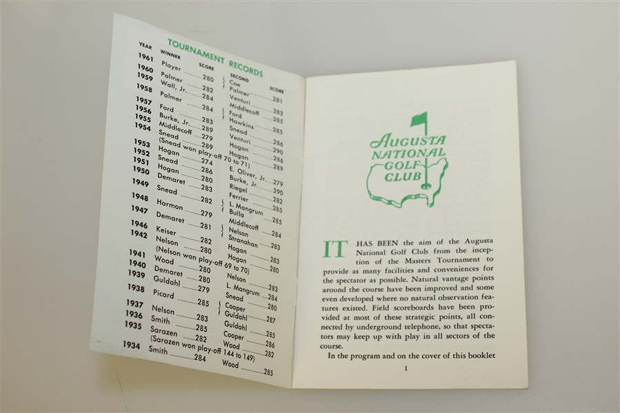 1962 Masters Tournament Spectator Guide - Arnold Palmer Winner