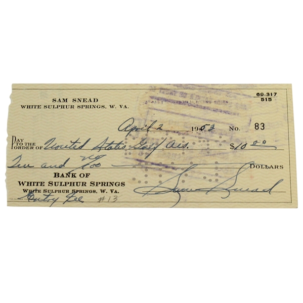 Sam Snead Signed 1953 Personal Check to the USGA for US Open Entry Fee JSA ALOA