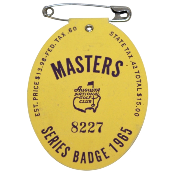 1965 Masters Tournament Series Badge #8227 - Jack Nicklaus Winner