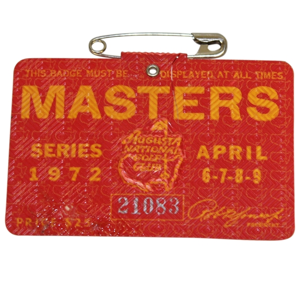 1972 Masters Tournament Series Badge #21083 - Jack Nicklaus Winner