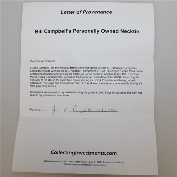 Bill Campbell's Personally Owned Necktie with Letter of Provenance from Wife
