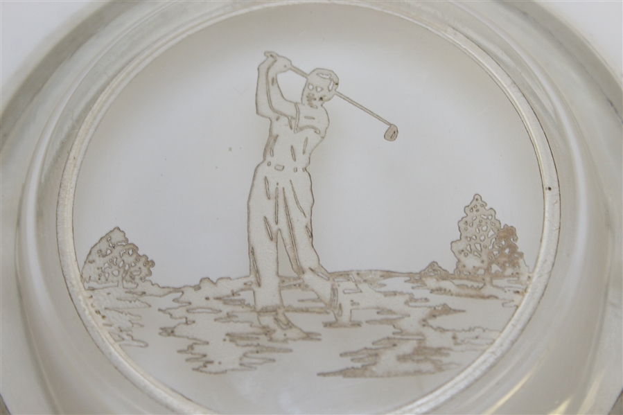 Circa 1940 Golfer Post-Swing Silver on Glass Ashtray
