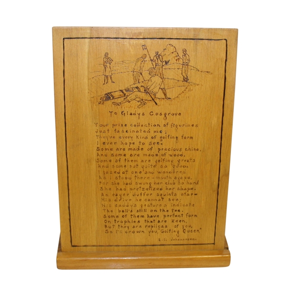 'To Gladys Cosgrove' Poem Carved on Wood by Johannesen
