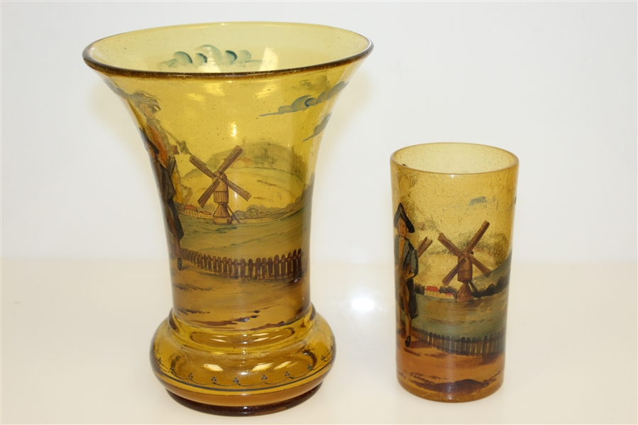 Vintage Blackheath Golfers on Copper Tone Glass Vase with Cup