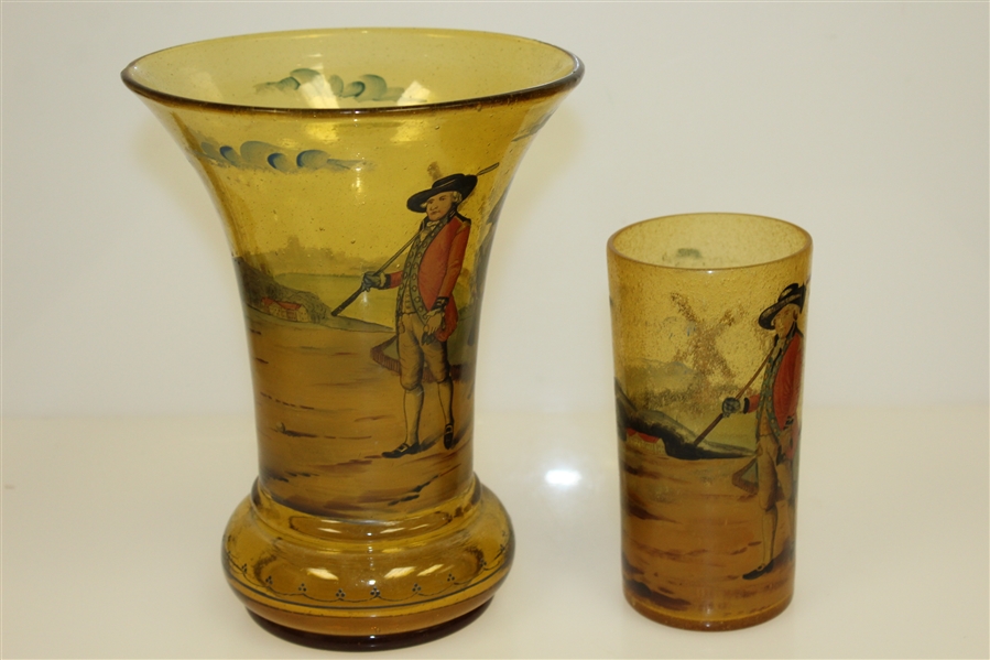 Vintage Blackheath Golfers on Copper Tone Glass Vase with Cup