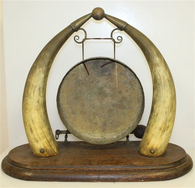 Art Deco Golf Themed Animal Horn Table Gong with Vintage Golfer - Includes Hammer