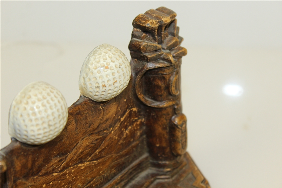 Pair of Carved Wooden Golf Themed Bookends - Golf Balls, Golf Bags, & Golf Clubs