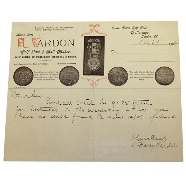 Harry Vardon Signed & Handwritten Note on Letterhead  FULL JSA #Z90632