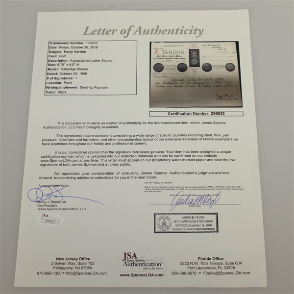 Harry Vardon Signed & Handwritten Note on Letterhead  FULL JSA #Z90632