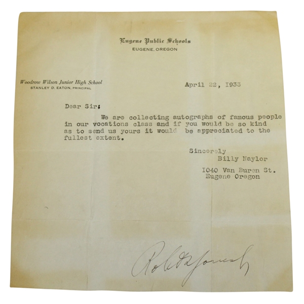 Bobby Jones 'Robert T. Jones, Jr.' Signed 1933 Letter - Framed FULL JSA #Z90633