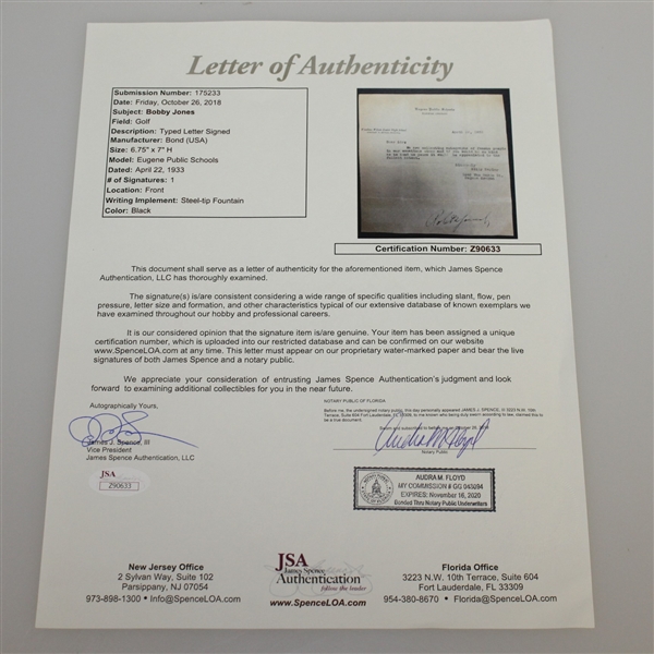 Bobby Jones 'Robert T. Jones, Jr.' Signed 1933 Letter - Framed FULL JSA #Z90633