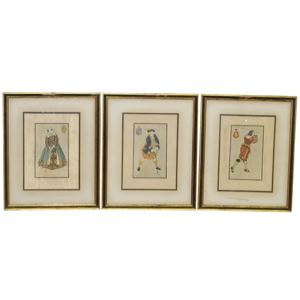 Set of Three F.T. Richards Hand-Colored Period Golfers - Glamour Paris 1955 - Framed