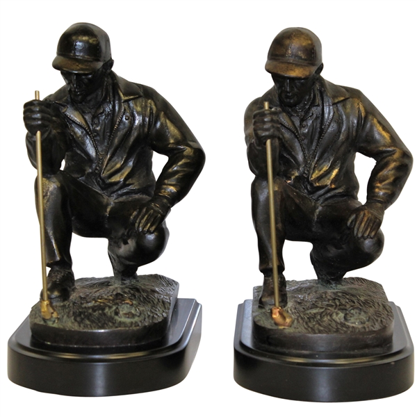 Two Crouching 'Lining Up the Putt' Golfer Bookends - No Markings
