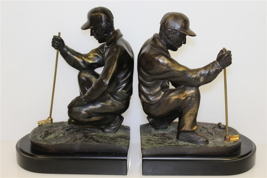 Two Crouching 'Lining Up the Putt' Golfer Bookends - No Markings