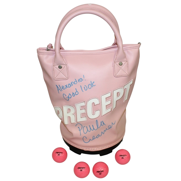 Paula Creamer Signed & Personalized Pink Precept Golf Bag with Four Golf Balls