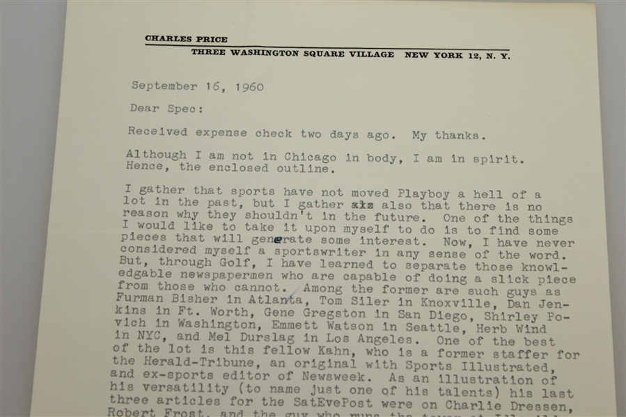 Charles Price 'Charley' Signed Letter to 'Spec' September 16, 1960 JSA ALOA