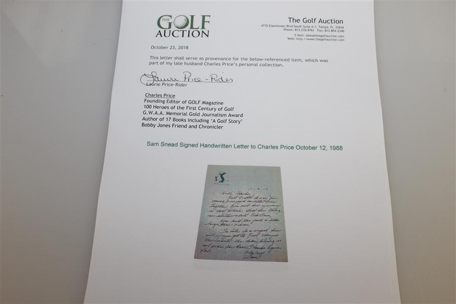 Sam Snead Signed Handwritten Letter to Charles Price October 12, 1988 JSA ALOA