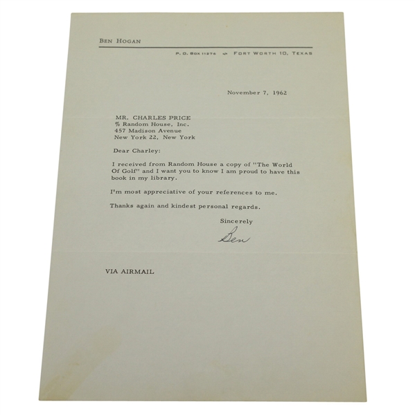 Ben Hogan Signed Letter to Charles Price November 7, 1962 JSA ALOA