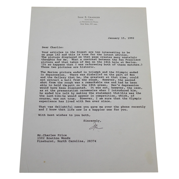 Isaac Grainger Signed Letter to Charles Price January 15, 1992 JSA ALOA