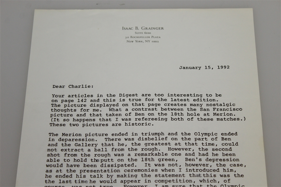 Isaac Grainger Signed Letter to Charles Price January 15, 1992 JSA ALOA