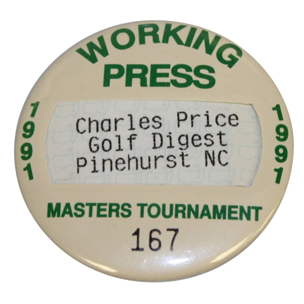 Charles Prices' 1991 Masters Tournament Working Press Badge #167 - Golf Digest - Pinehurst