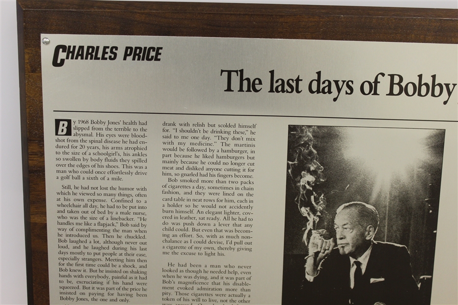 Charles Price's 1992 'The Last Days of Bobby Jones' GWAA First Place Plaque - Writing Competition
