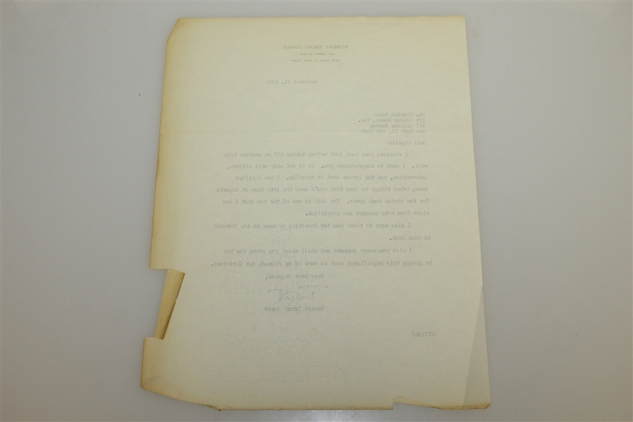 Robert Trent Jones Signed Letter to Charles Price November 21, 1962 JSA ALOA