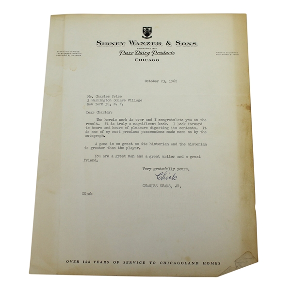 Charles Chick Evans, Jr. Signed Letter to Charles Price - October 23, 1962 JSA ALOA