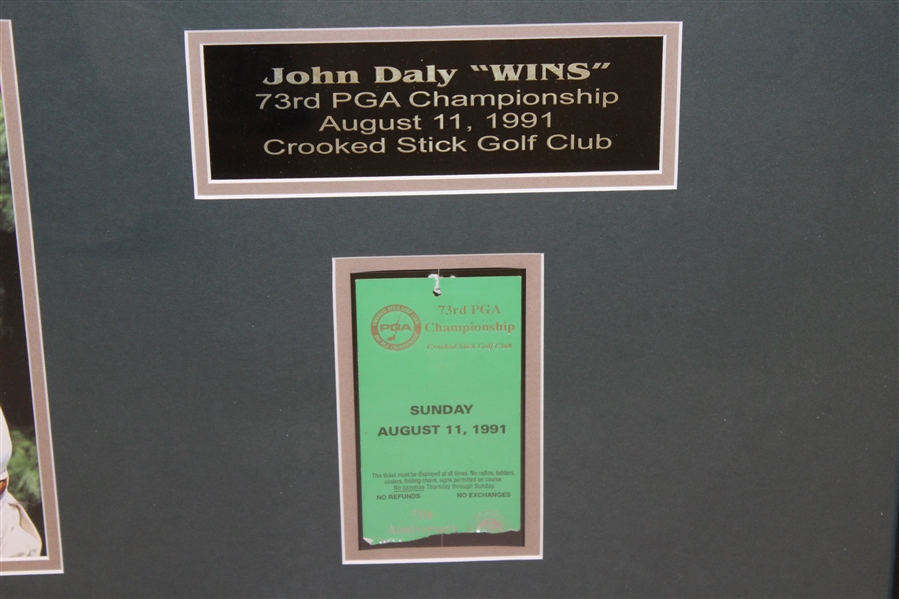 John Daly Signed Deluxe 1991 PGA Flag Ticket Display - Framed JSA #J05598