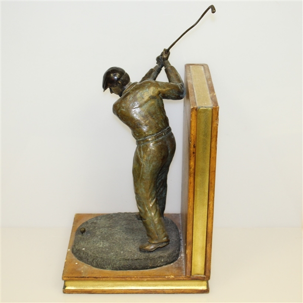 Detailed Brass Figural Golfer Bookend on 'Strokes of Genius' & 'Hole In One' - Pre-Swing