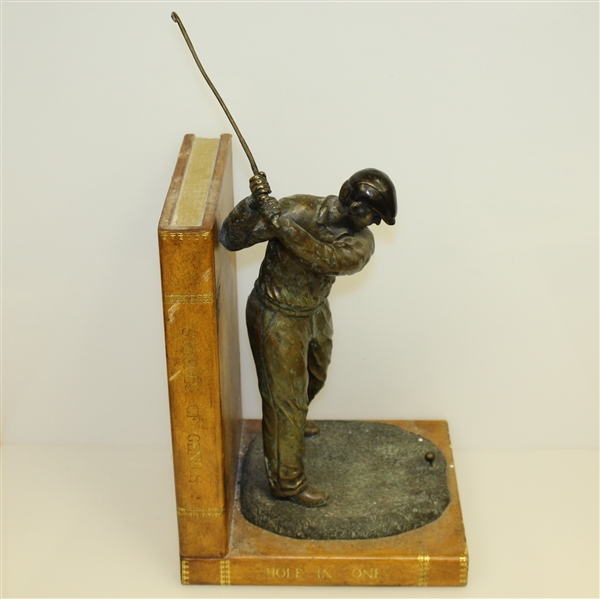 Detailed Brass Figural Golfer Bookend on 'Strokes of Genius' & 'Hole In One' - Pre-Swing