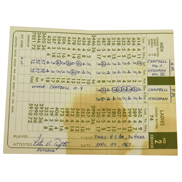 1967 Peter Tufts' Officials Scorecard Pinehurst North/South Amateur Campbell/Hyndman Battle  JSA ALOA