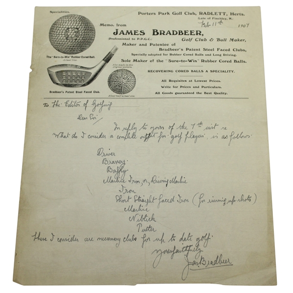 James Bradbeer Golf Club & Ball Maker Signed Memo/Letter Feb. 11, 1907 JSA ALOA