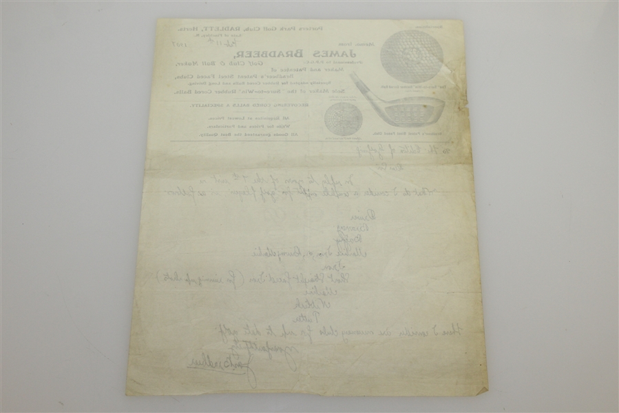 James Bradbeer Golf Club & Ball Maker Signed Memo/Letter Feb. 11, 1907 JSA ALOA